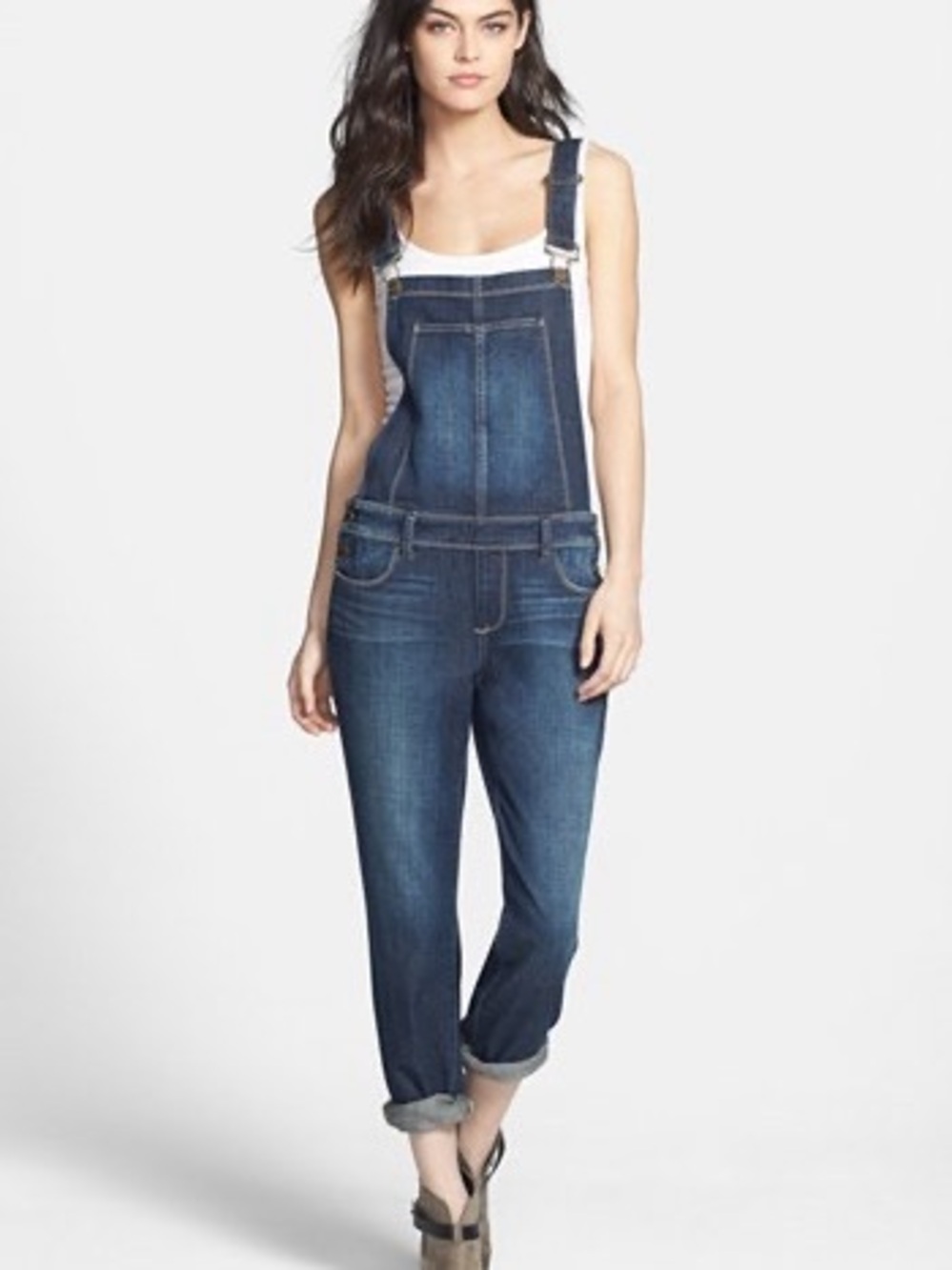 Paige medium wash rolled cuff overalls